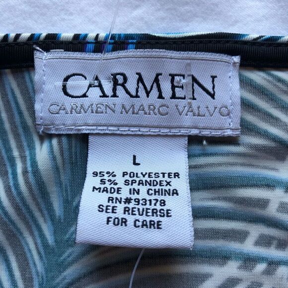 Carmen beautiful multi-color blouse 3/4 sleeve blk/purp/grn twist at neck NWT L - Picture 3 of 7